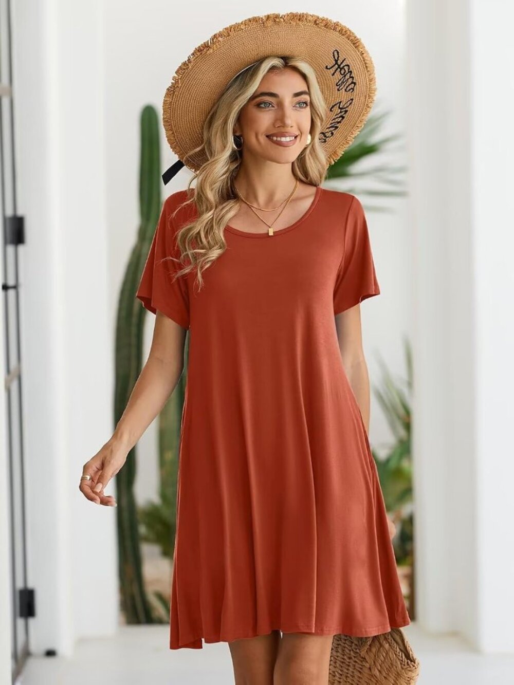 Women's Dark Orange Casual Loose Swing Tunic Short Sleeve Sun Mini Shirt Dress - Picture 4 of 6